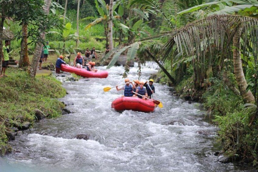 People rafting down a river surrounded by lush greenery. 1