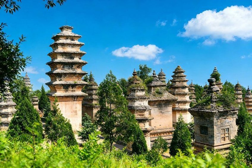 A pagoda-style temple complex with tiered roofs, surrounded by lush greenery. 5