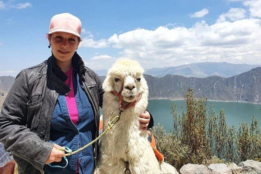 A person with a llama in a mountainous area with a lake. 1