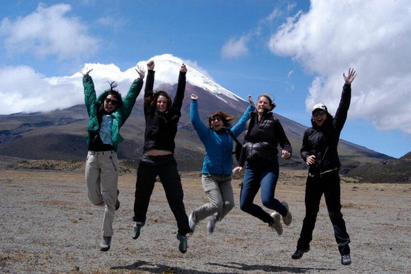 A group of people jumping in a mountainous landscape with a snow-capped peak in the background. 2