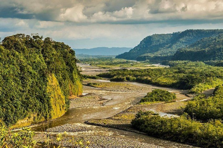 A river winding through a lush landscape with dense vegetation and hills in the background. 1
