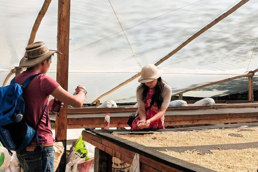 Two people working on a boat, one wearing a hat and a red shirt, and the other in a hat and a red dress, handling materials on a wooden platform. 5