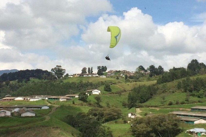 Una persona fa parapendio sopra un paesaggio collinare con edifici e alberi. 1