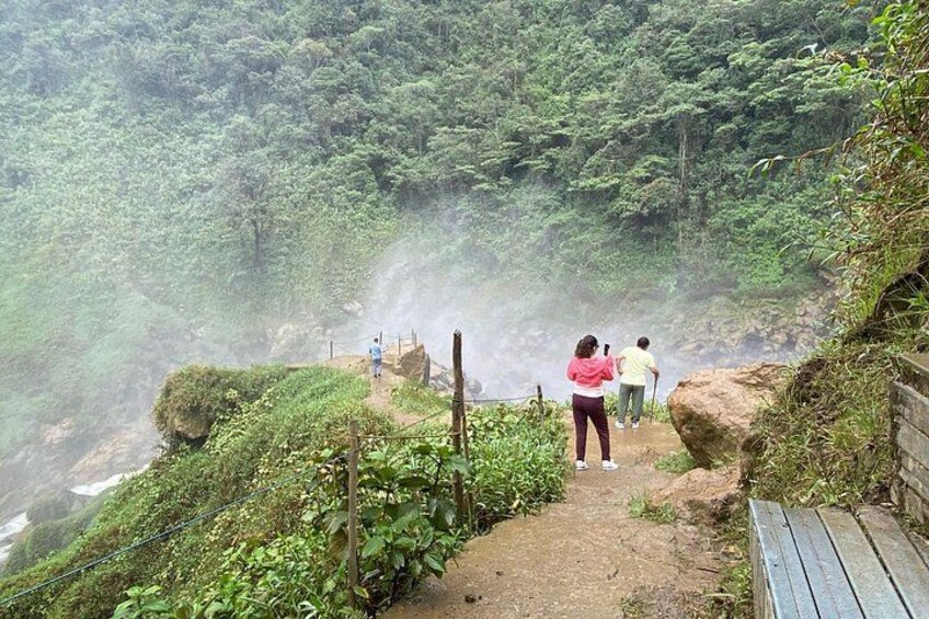 Un sendero boscoso cubierto de niebla con excursionistas. 3