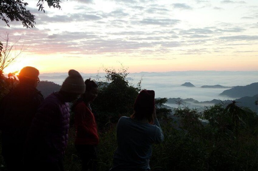 The sun rise at mountain top campsite. 