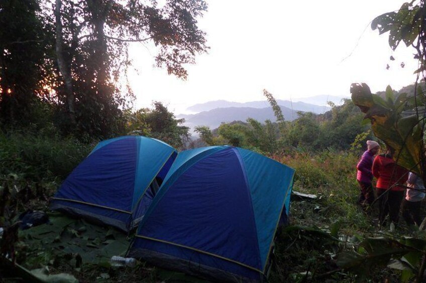 Camping on a mountain peak. 