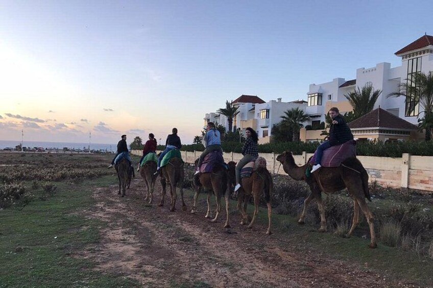 Un grupo de personas montando camellos por un sendero de tierra, con casas al fondo. 2