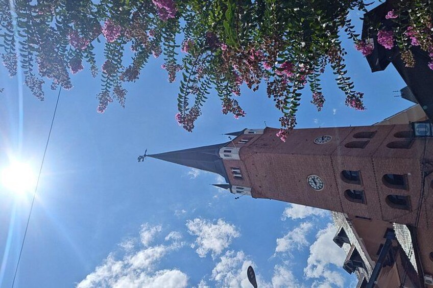Una torre de iglesia con un reloj, rodeada de árboles en flor y un cielo despejado. 5