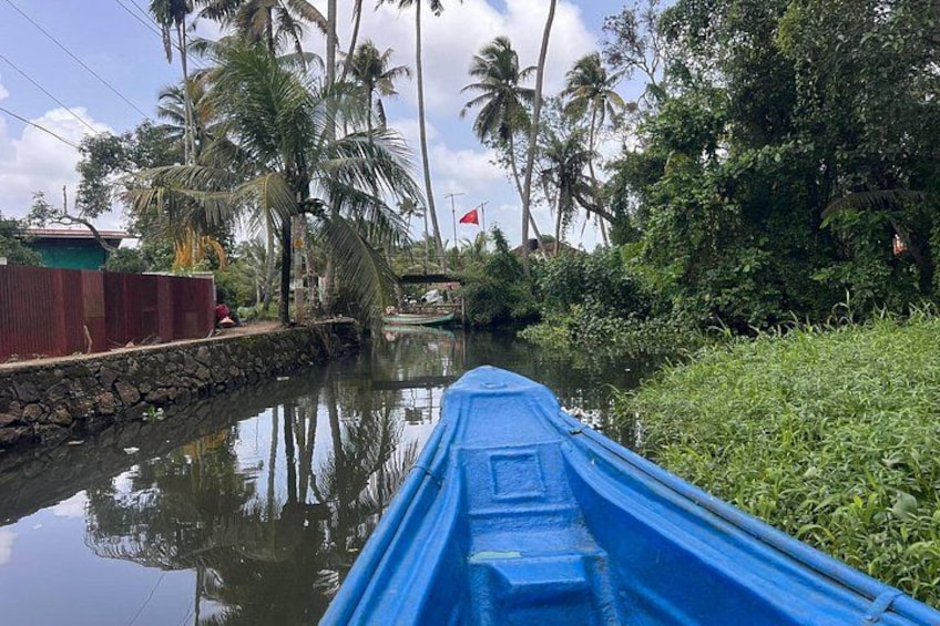 A narrow waterway with a blue boat, palm trees, and a stone wall. 5