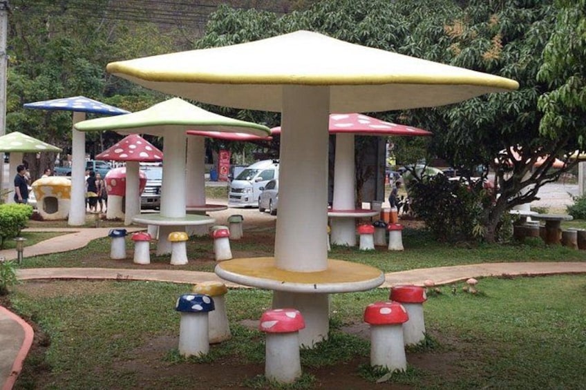 Mushroom-shaped tables in a park with greenery and parked cars in the background. 5