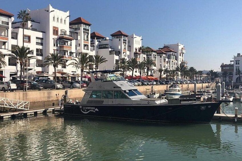 Un puerto deportivo con un yate grande amarrado, rodeado de edificios de varios pisos y palmeras. 3