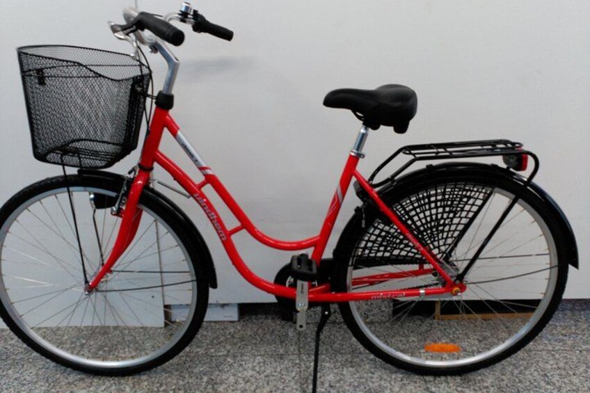 Una bicicleta roja con canasta y sillín. 5