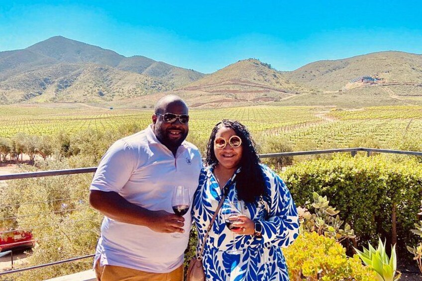 Two people standing on a balcony with a vineyard and hills in the background. 2