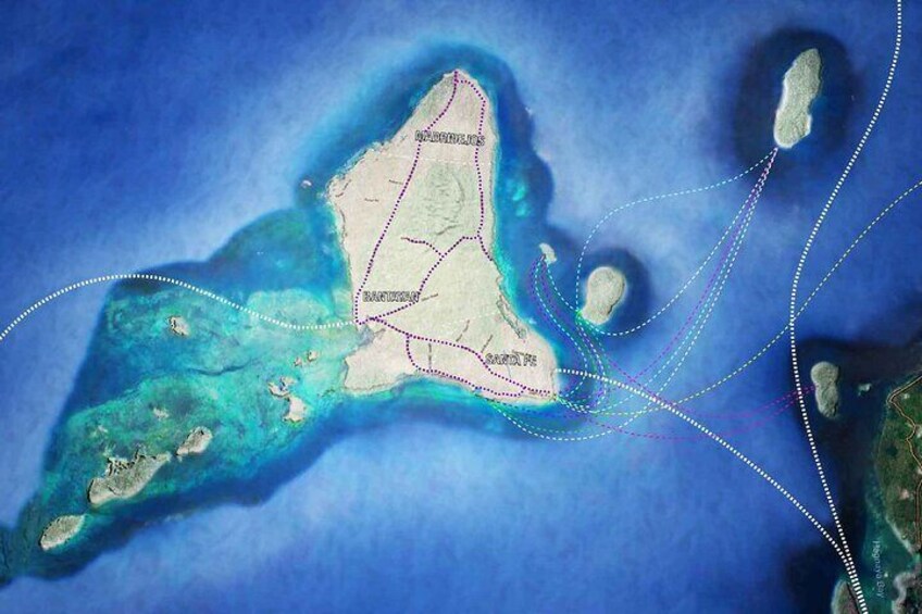 A satellite view of a coastal region with a prominent island, marked boundaries, and several smaller islands. 2