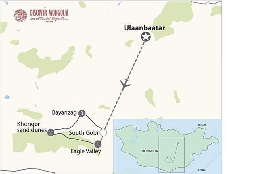 A map of Mongolia highlighting Ulaanbaatar and Bayanzag. 2