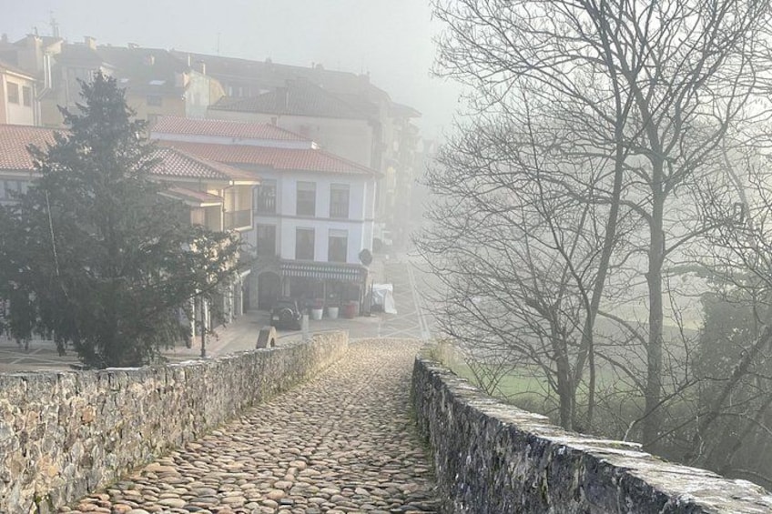 A cobblestone street, a stone wall, and buildings in the background. 3