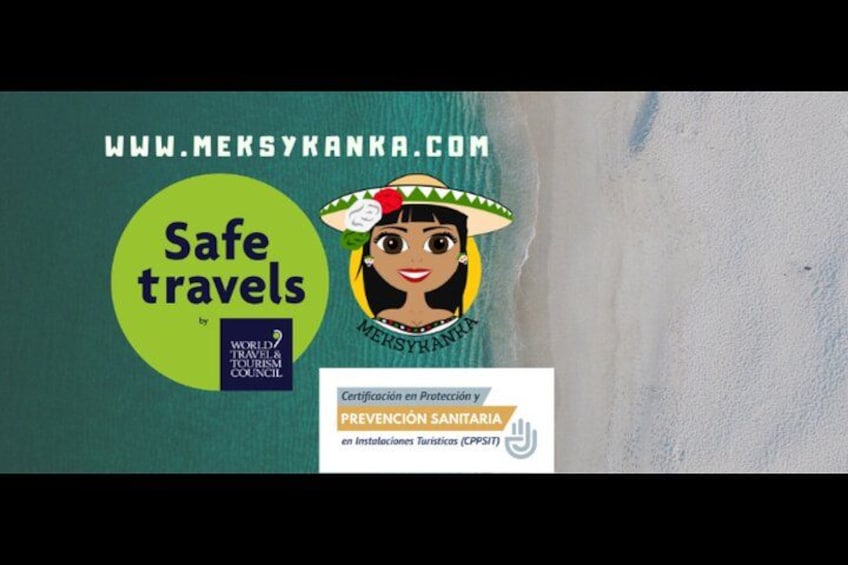 A beach with sand and water, a logo for 'Safe travels' by the World Travel & Tourism Council, and a certification for health and safety in tourism. 3