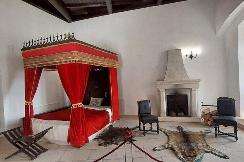 Una habitación con cama con dosel, chimenea, sillas y alfombra de piel. 3