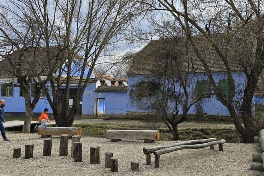 A park with benches, trees, and a building with blue walls. 5