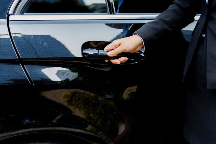 A person holding a black object near a car door. 2