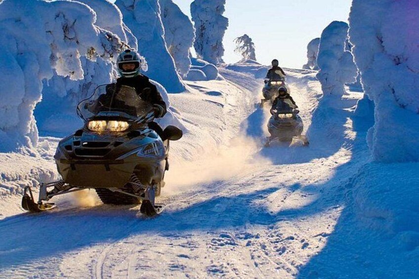 A snowmobile trail in a snowy landscape with snow-covered trees and rocky terrain. 5