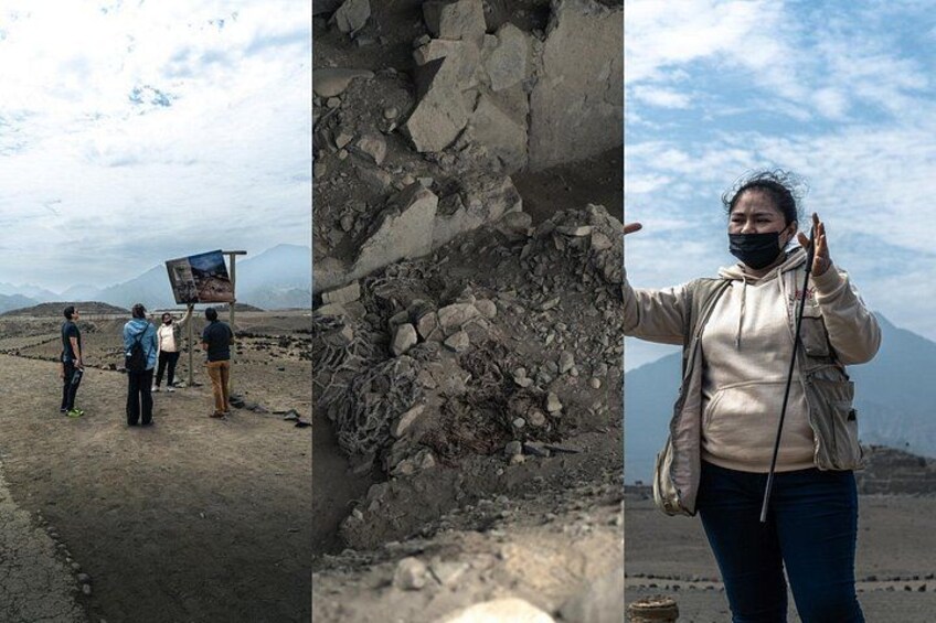 A collapsed building, a group of people observing, and a mountainous landscape. 3