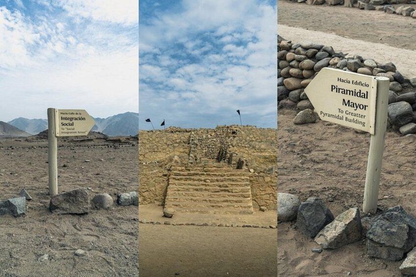 A desert landscape with a sign for the Pyramidal Mayor, a pyramid structure, and a sign for the Integration Social street. 2
