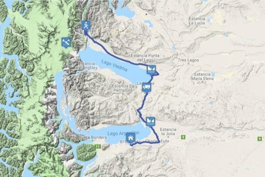 A map with a hiking trail marked by blue lines, Lago Viedma, and surrounding terrain. 2