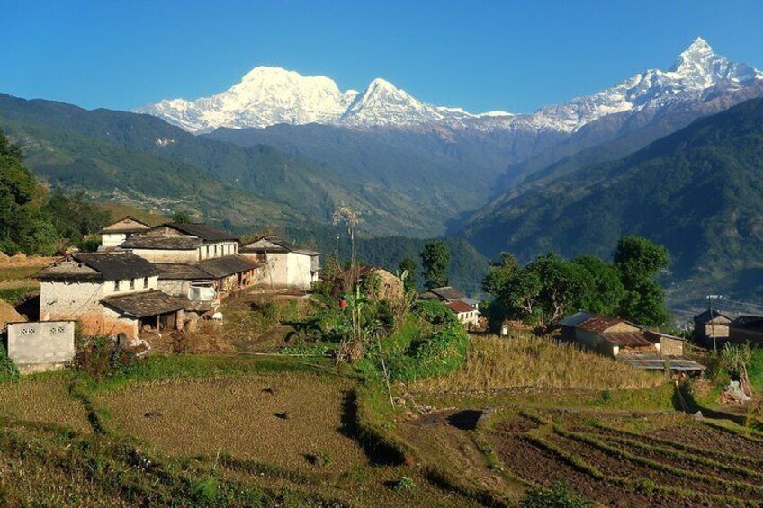 A village with terraced fields and houses, set against a backdrop of snow-capped mountains. 2