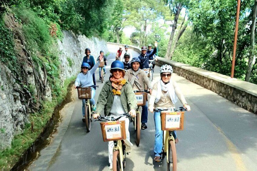 A group of cyclists on a paved path surrounded by greenery. 1