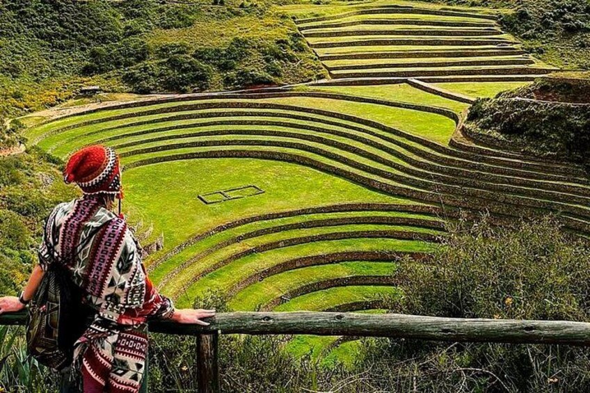 Terraced rice fields, a person in traditional attire, and a wooden fence. 1