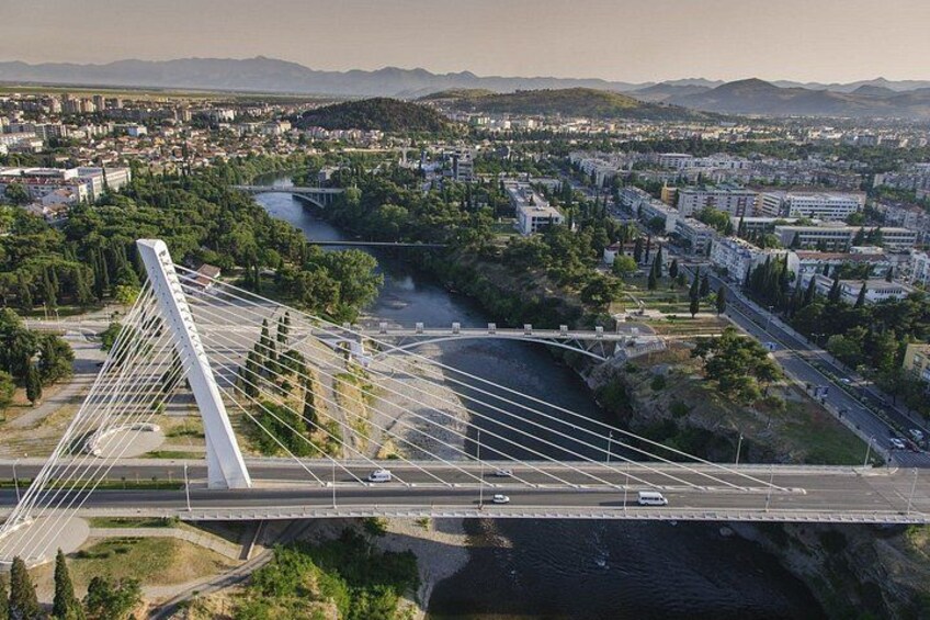 A cable-stayed bridge over a river with a cityscape in the background. 4
