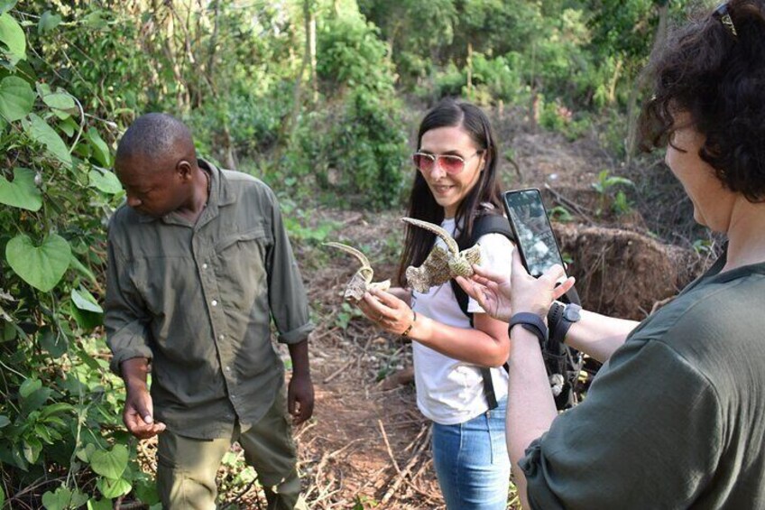 Three people in a forested area, one holding a smartphone and another holding a small animal. 2