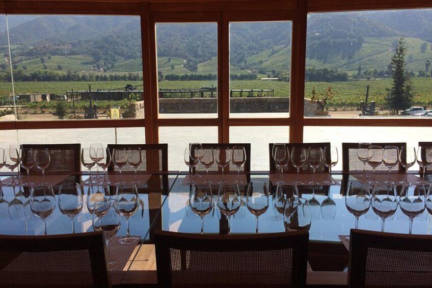 A table with wine glasses and a vineyard view through large windows. 1