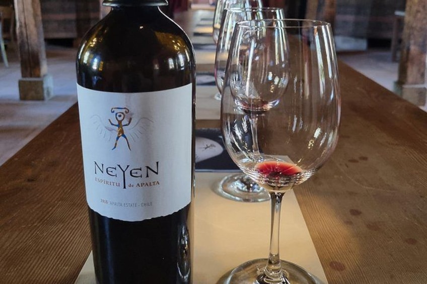 A bottle of Neyen wine and an empty wine glass on a wooden table. 5