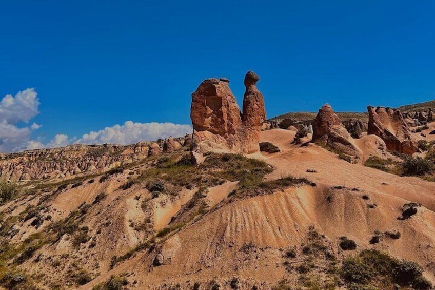 A desert landscape with prominent rock formations and sparse vegetation. 1