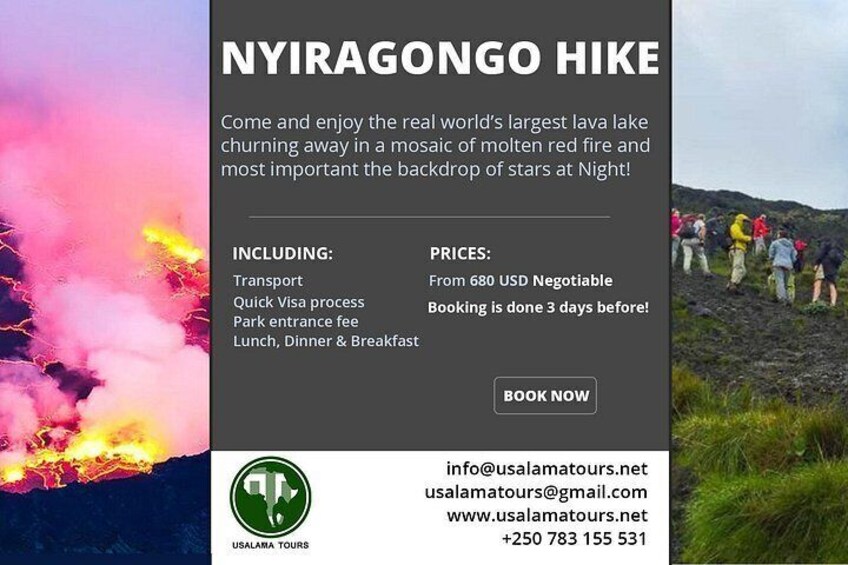 Póster promocional de la caminata al Nyiragongo, mostrando un volcán con lava, excursionistas y un cielo despejado. 4
