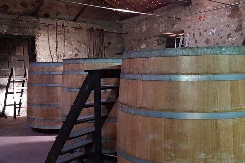 Barricas de madera, una escalera y un interior rústico. 4