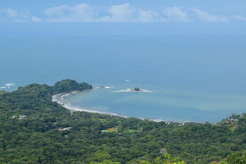 Un paisaje costero con playa, bosque frondoso y una vista despejada del océano. 4