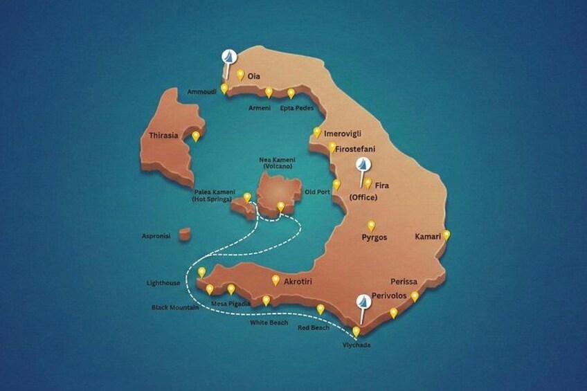 Eine Karte einer Küstenregion mit eingezeichneten Orten wie Thirassia, Akrotiri und Perissa. 5
