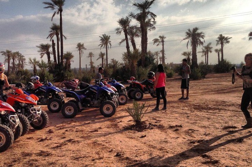 A group of people with quad bikes in a desert-like area with palm trees. 3