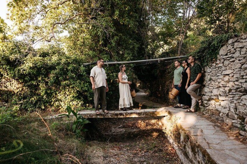 Un pont de pierre enjambe un ruisseau dans une zone boisée, et des personnes s'y tiennent debout. 3