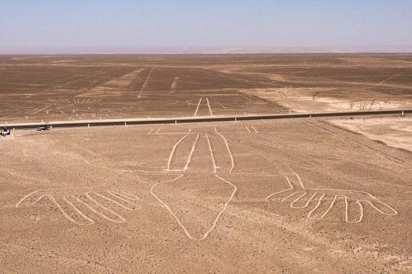 A desert landscape with large, white, geometric patterns etched into the ground. 5