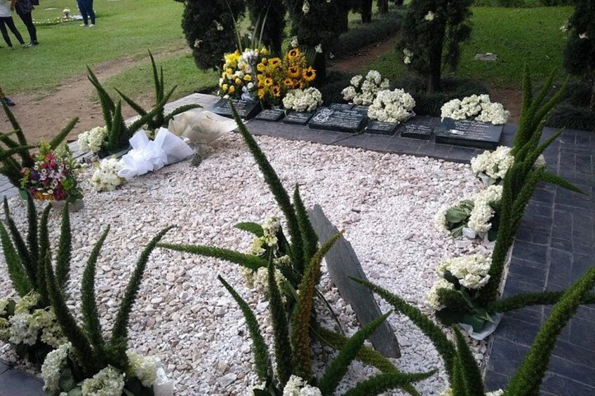 Un cementerio con lápidas, flores blancas y cactus. 2