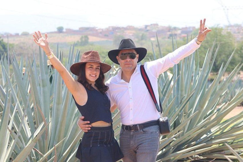 Deux personnes se tiennent dans un champ de plantes d’agave, les bras levés. 2