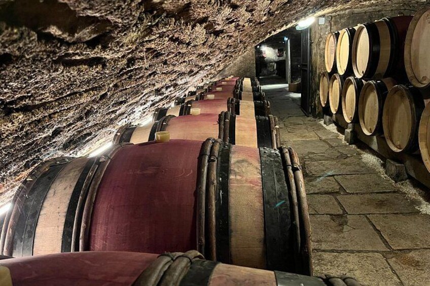 Wooden wine barrels in a dimly lit cellar with stone walls. 4