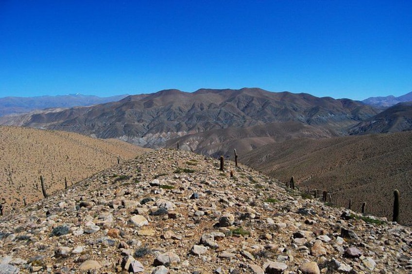 A rocky mountain path with sparse vegetation and distant mountains under a clear blue sky. 1