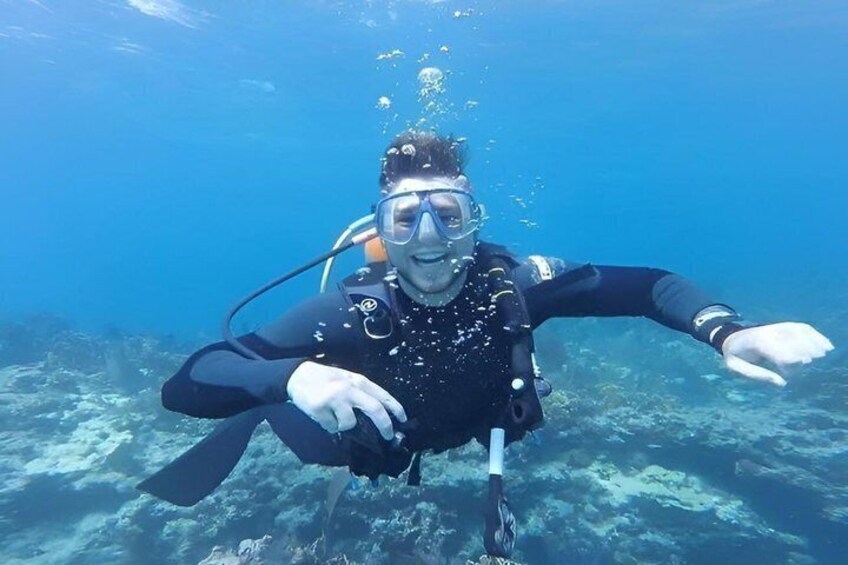A person scuba diving underwater with fins and a breathing apparatus. 2