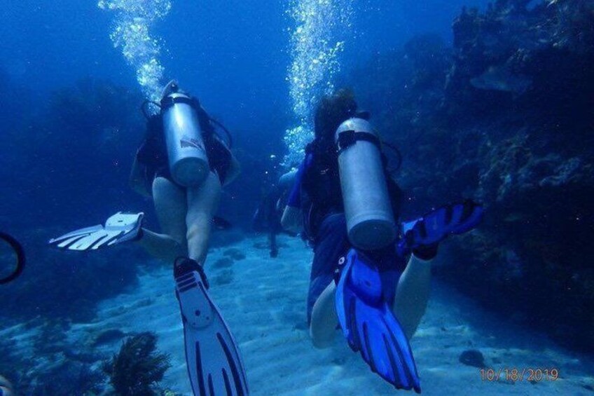 Two scuba divers underwater with fins and oxygen tanks. 1