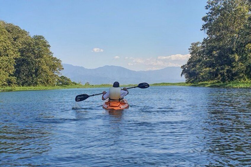 A person kayaking on a calm river surrounded by lush greenery and distant mountains. 1